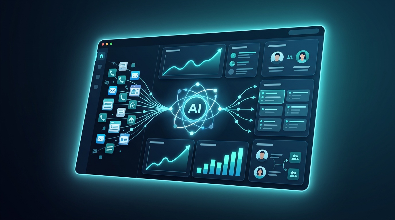 AI workflow management software dashboard showing automation across real estate, recruitment, fundraising, and hospitality verticals